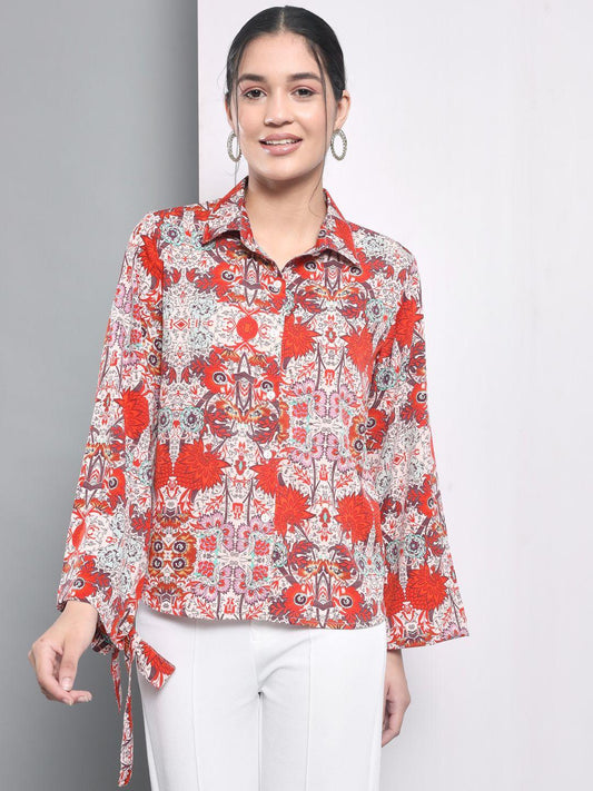 Trend Arrest Women's Polyester Printed Tie-up Sleeve Shirt