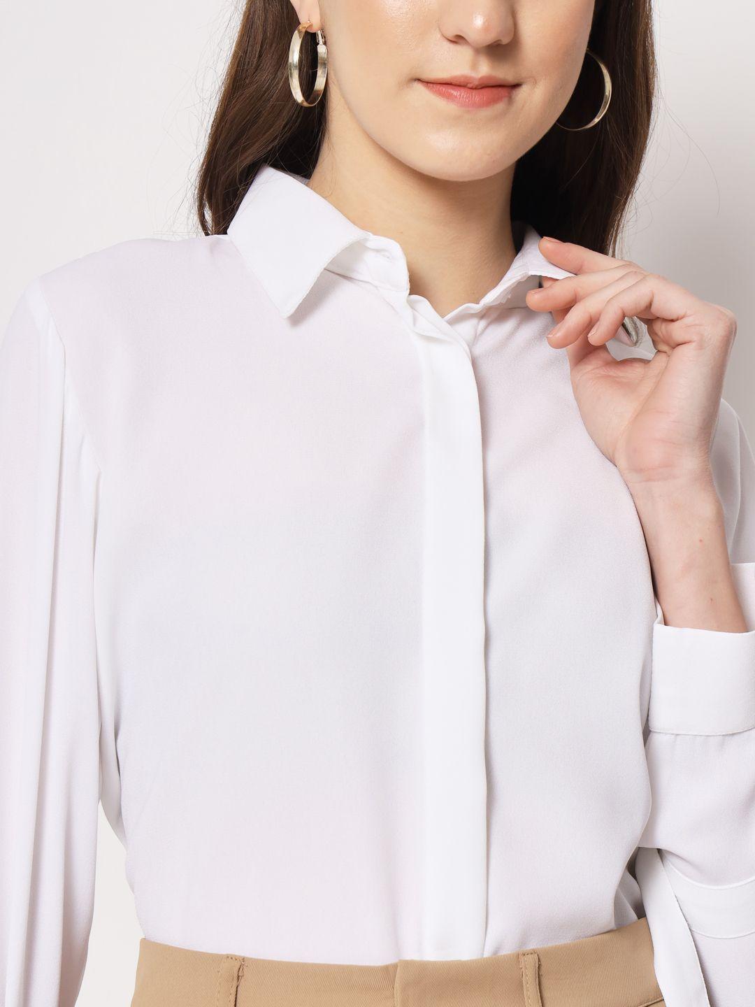 TRENDARREST Women's White Shirt with Buckle Detail Sleeve